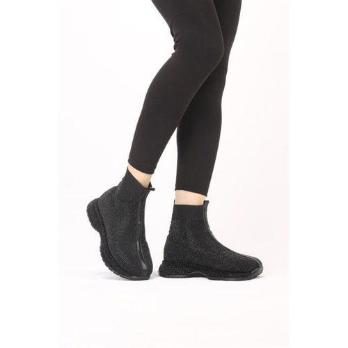 Ferna Siyah Raş Deri Taşlı Desenli Kışlık Bot