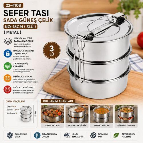3 Katlı Çelik Sefer Tası 16 cm - Yemek Taşıma Kabı