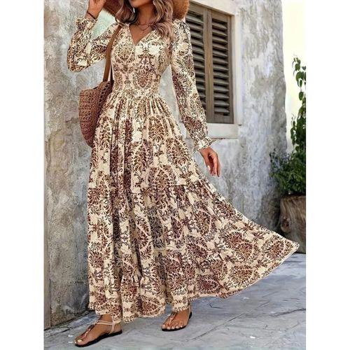 Kadın Uzun Kollu V Yakalı Desenli Süprem Elbise