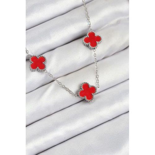 316L Çelik Zincir Gümüş Kırmızı Renk Yonca Kadın Kolye