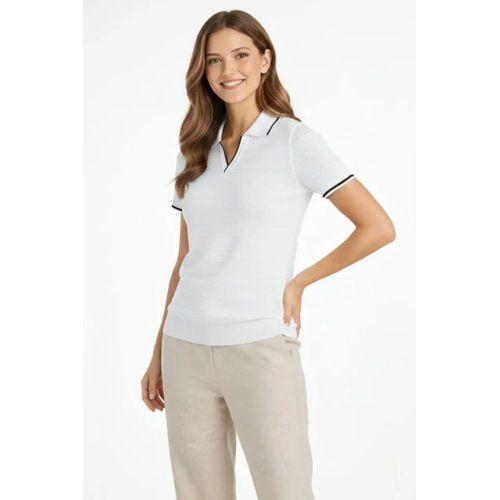 Triko Kumaş Yakalı Düğmesiz Açık Yaka Fitilli Kısa Kollu Regular Fit Tişört T-shirt - Beyaz