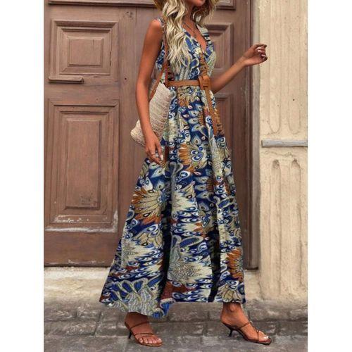 Kadın Askılı Kruvaze Yakalı Uzun Desenli Kemersiz Süprem Elbise