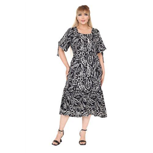 Melsay Butik Siyah Kolları Bağlamalı Kısa Kollu Yaprak Desen Elbise