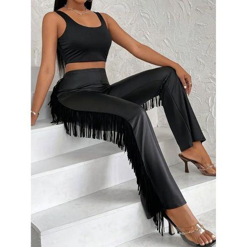 Kadın Yüksek Bel Yanlardan Püsküllü Deri Pantolon