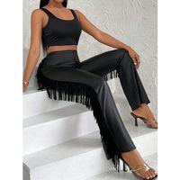 Kadın Yüksek Bel Yanlardan Püsküllü Deri Pantolon