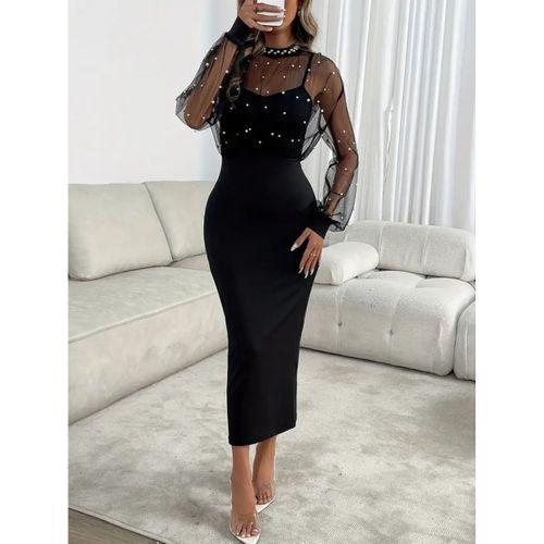 Kadın Uzun Kollu Halka Yaka Tül Inci Detaylı Uzun Ithal Krep Elbise