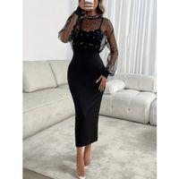 Kadın Uzun Kollu Halka Yaka Tül Inci Detaylı Uzun Ithal Krep Elbise