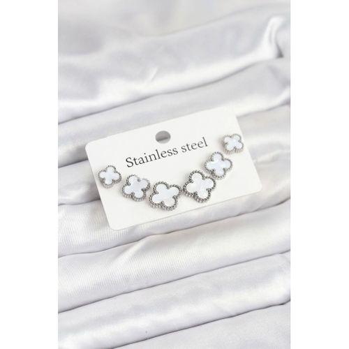 316L Çelik Gümüş Beyaz Renk 3 Boy Yonca Küpe Seti