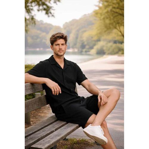 Erkek Waffle Kumaş Kısa Kollu Gömlek Şort Takım Regular Fit Yazlık İkili Set - Siyah