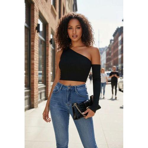 Kadın Siyah Modern Fit Tek Omuz Detaylı Uzun Kol Crop Top Bluz