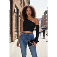 Kadın Siyah Modern Fit Tek Omuz Detaylı Uzun Kol Crop Top Bluz