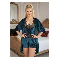 Petrol Yeşili Kadife Dantelli Sabahlık & Gecelik Takım 3' Lü - 1397