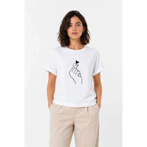 Kore Parmak Kalp Aşk Temalı Minimal Baskılı Tişört Yazlık Kısa Kol T-Shirt - Beyaz