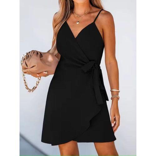 Kadın Ip Askılı Kruvaze Yakalı Belden Kuşaklı Kısa Janjan Krep Elbise