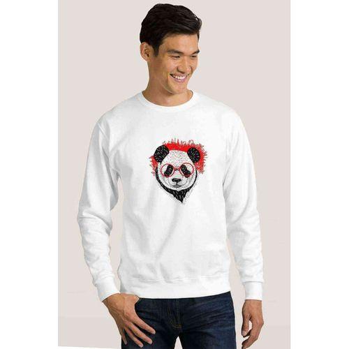 Gözlüklü Panda Baskılı Beyaz Erkek Sweatshirt