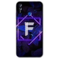 MRCİLETİSİM Honor 8x Kılıf HD Desen Baskılı Arka Kapak + Temperli Cam - Dark Neon Yaprak F Harfi