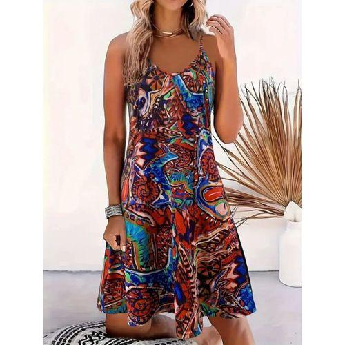 Kadın Ip Askılı V Yakalı Desenli Kısa Süprem Elbise