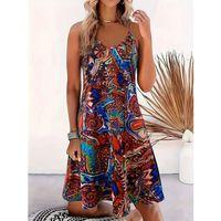 Kadın Ip Askılı V Yakalı Desenli Kısa Süprem Elbise