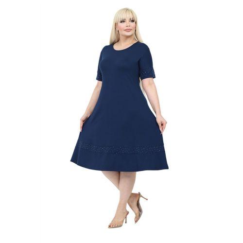 Melsay Butik Taş Baskılı Şerit Kısa Kollu Lacivert Midi Elbise