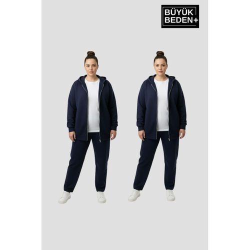 Kadın Büyük Beden Fermuarlı Kapüşonlu 3 lü Set ince Sweatshirt Hırka - Rahat Kalıp SPR26BHRK960+2