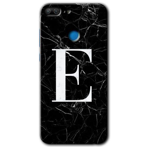 Honor 9 Lite Kılıf HD Desen Baskılı Arka Kapak - Siyah Mermer Desenli E Harfi