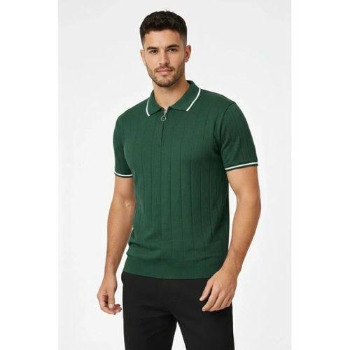 Erkek 2’li Paket Dokuma Triko  Fermuarlı Yakalı Fitilli Kısa Kollu Regular Fit Tişört - Haki - Siyah