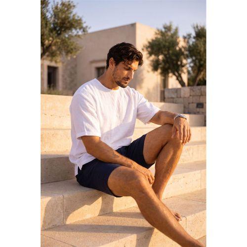 Godard Relax Fit %100 Pamuk Müslin Kumaş Duble Kol Bisiklet Yaka Erkek T-Shirt - Beyaz
