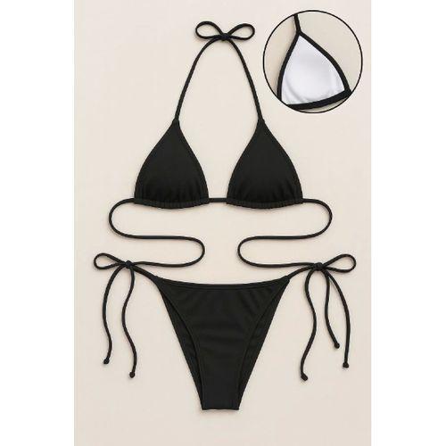 Kadın Siyah Bikini Mayo Takımı Yandan Ve Boyundan Bağlamalı Şık Plaj Ve Havuz Seti