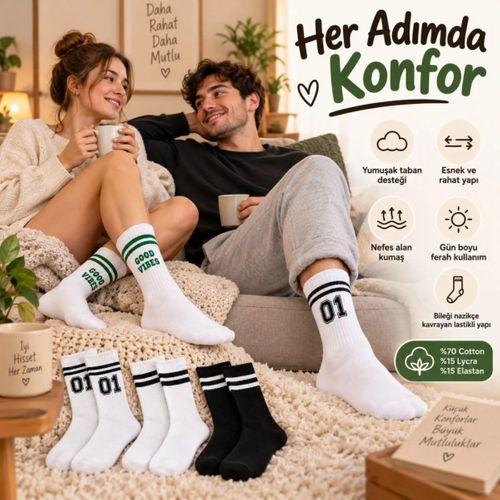 Unisex Çorap Çizgili 4'lü Set 07 Good Vibes Yazılı Siyah Beyaz Uzun Soket Spor Kolej Stil Rahat Şık
