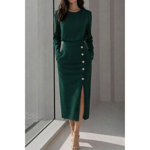 Kadın Uzun Kollu Bisiklet Yakalı Yandan Yırtmaçlı Düğmeli Midi Ithal Krep Elbise