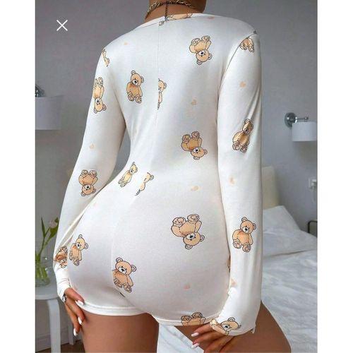 Pamuklu Beyaz Ayıcık Desenli Düğmeli Uzun Kol Tulum Pijama