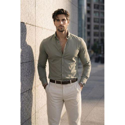 Likralı Regular Fit Nefes Alabilir Klasik Erkek Oxford Gömlek - Haki