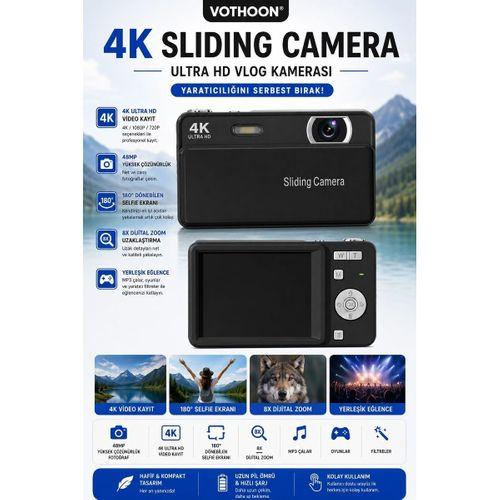 Dijital Kamera 4k Hd 48mp 16x Zoom Flaşlı Kayar Retro Video Kamera 2 8’’ Ekran 64gb Sd Kart Hediyeli Siyah