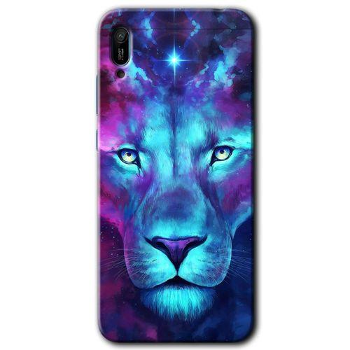 MRCİLETİSİM Huawei Y6 2019 Kılıf HD Desen Baskılı Arka Kapak + Temperli Cam - Neon Lion