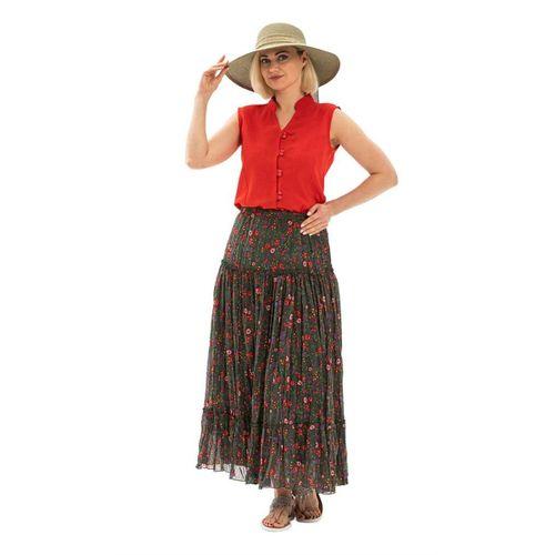 Buse Vual Uzun Yazlık Etek Tomurcuk Desen Yeşil 6170