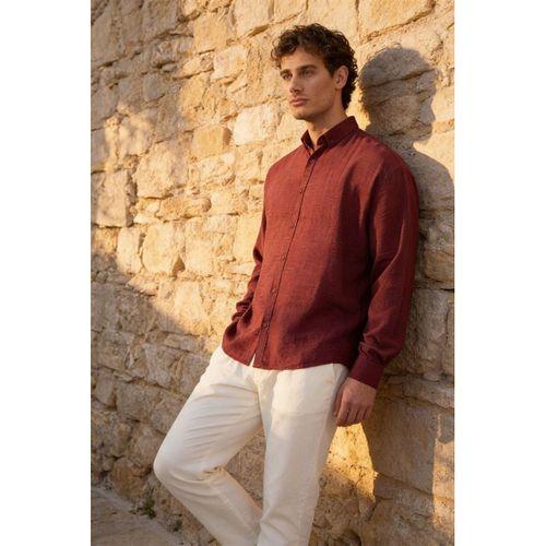 Scott – Soft Dokulu Yarım Oversize Modern Keten Görünümlü Erkek Gömlek - Bordo