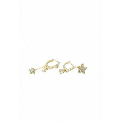 3'lü Taşlı Halka Küpe - Altın