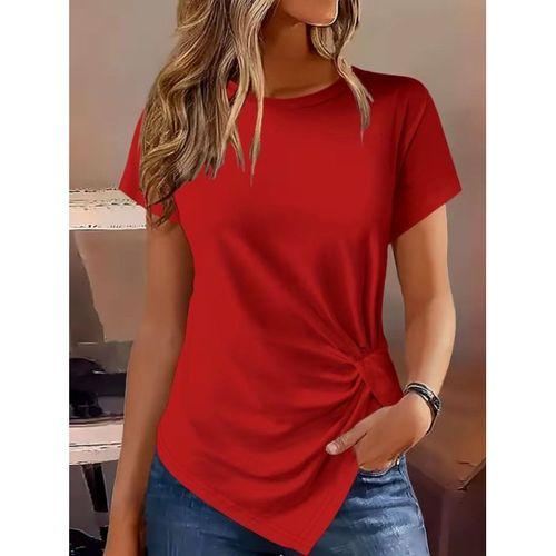 Kadın Kısa Kollu Bisiklet Yaka Asimetrik Kesim Detaylı Viskon Bluz