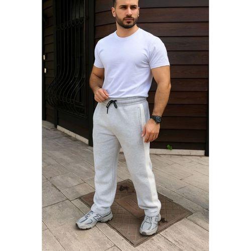 Erkek Üç İplik Kışlık Pamuklu Yandan Garneli Kalın Bej Şeritli Cepli Eşofman Altı - Gri