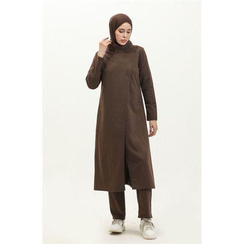 Kruvaze Balıkçı Yaka Sade Basic Uzun Tunik Panolon İkili Takım - 03043.028 - Kahverengi