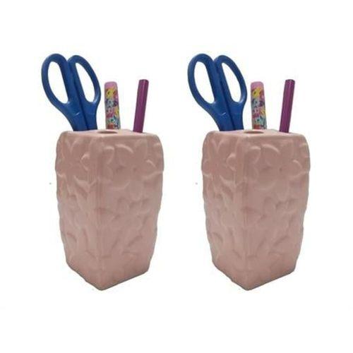 2 Adet Kalemlik Çiçekli Pembe Model Seramik Ofis Gereci  7X7X12Cm