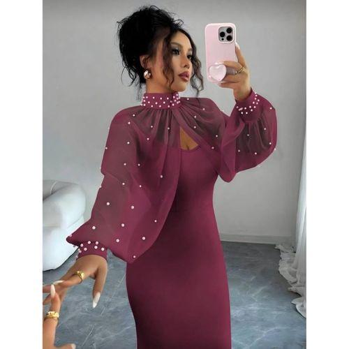 Kadın Balıkçı Yaka İnci Ve Tül Detay Dalgıç Kumaş Maxi Boy Elbise