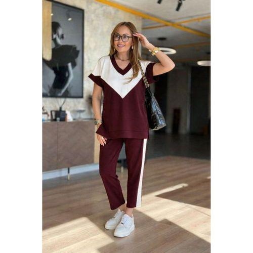 Kadın Kısa Kollu V Yakalı çift Renkli Viskon Iki Iplik Ikili Bluz Ve Pantolon Takım