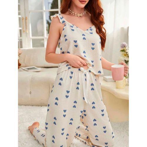 Kadın Ekru Mavi Kalp Desenli Yumuşak Pamuklu Uzun Pijama Takımı