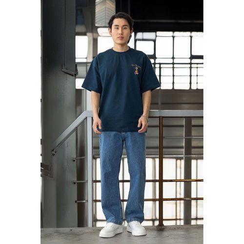 Cep Baskılı İki İplik Kumaş Pamuklu Oversize Erkek T-Shirt - Prusya Mavisi