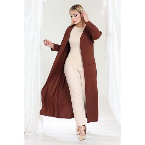 Melsay Butik Büyük Beden Tarçın Dokulu Örme Kumaş Uzun Kadın Hırka