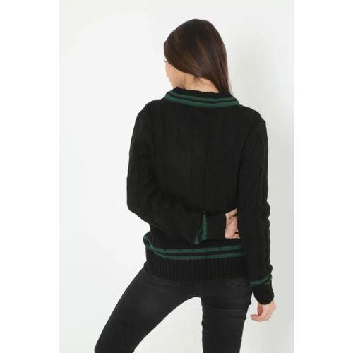 V Yaka Örgülü Kazak - Siyah