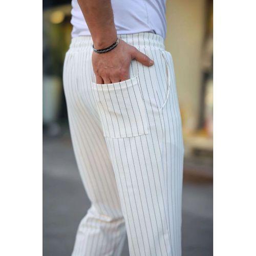 Erkek Cizgili Dokuma Krep Jogger Buggy Pantalon Rahat Kalıp - Beyaz