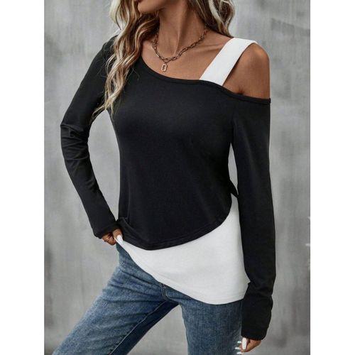 Kadın Tek Omuzu Açık Askılı çift Renkli Uzun Kollu Viskon Bluz