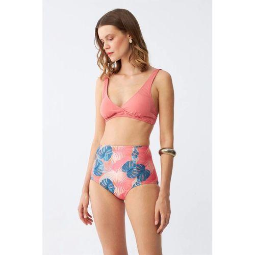 Kadın Somon Pedli Üst Ve Tropik Desenli Yüksek Bel Bikini Takımı